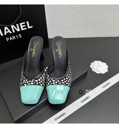 Chanel Lambskin & Patent Calfskin  Black, White & Green slingbacks 9.5cm