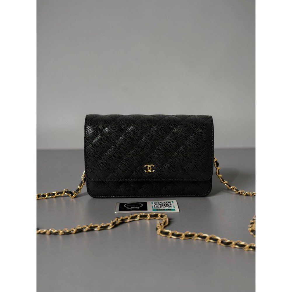 Chanel classic flap leather grained 19x12cm black gold chain Bags