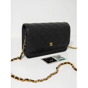 Chanel classic flap leather grained 19x12cm black gold chain Bags