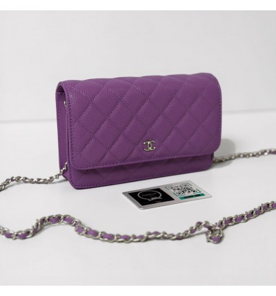 Chanel classic flap bag in grained leather purple silver chain
