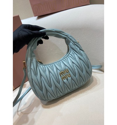 Miu Miu Wander Matelassé Satin Hobo Bag light blue 23X13X7cm