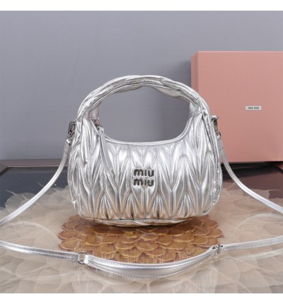Miu Miu Wander Matelassé Satin Hobo Bag silver 23X13X7cm