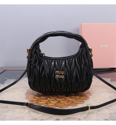 Miu Miu  Wander Matelassé Satin Hobo Bag black 23X13X7cm