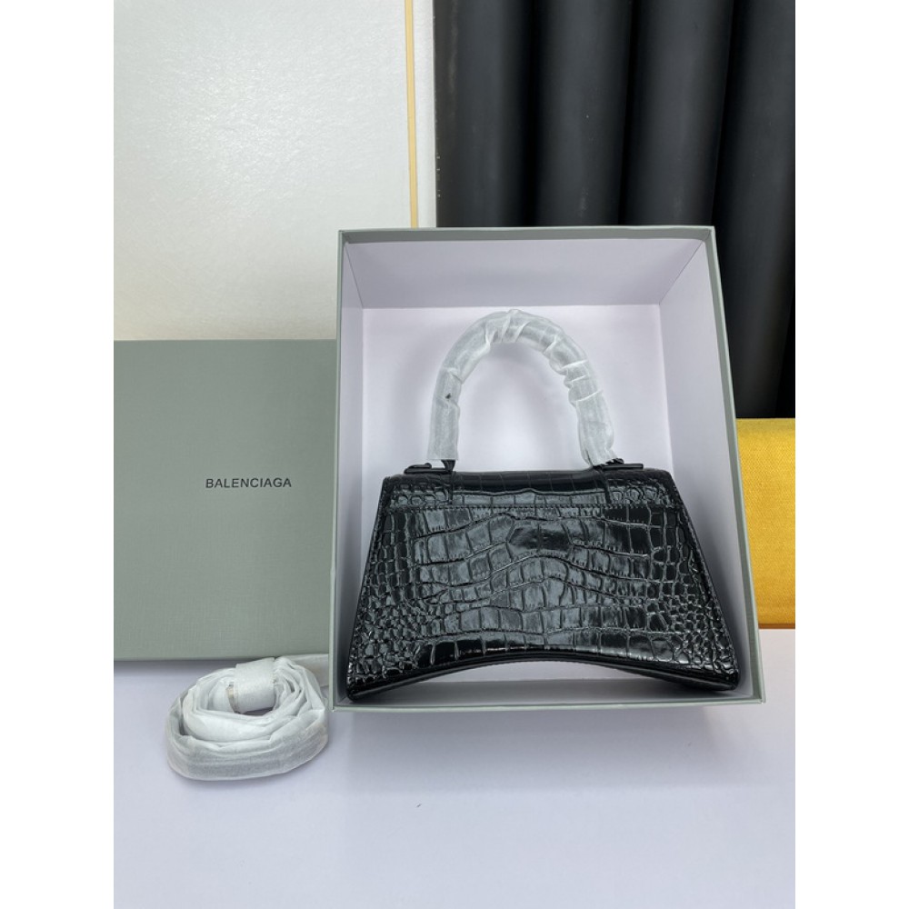 BALENCIAGA HOURGLASS 23CM CROC EFFECT BLACK Bags
