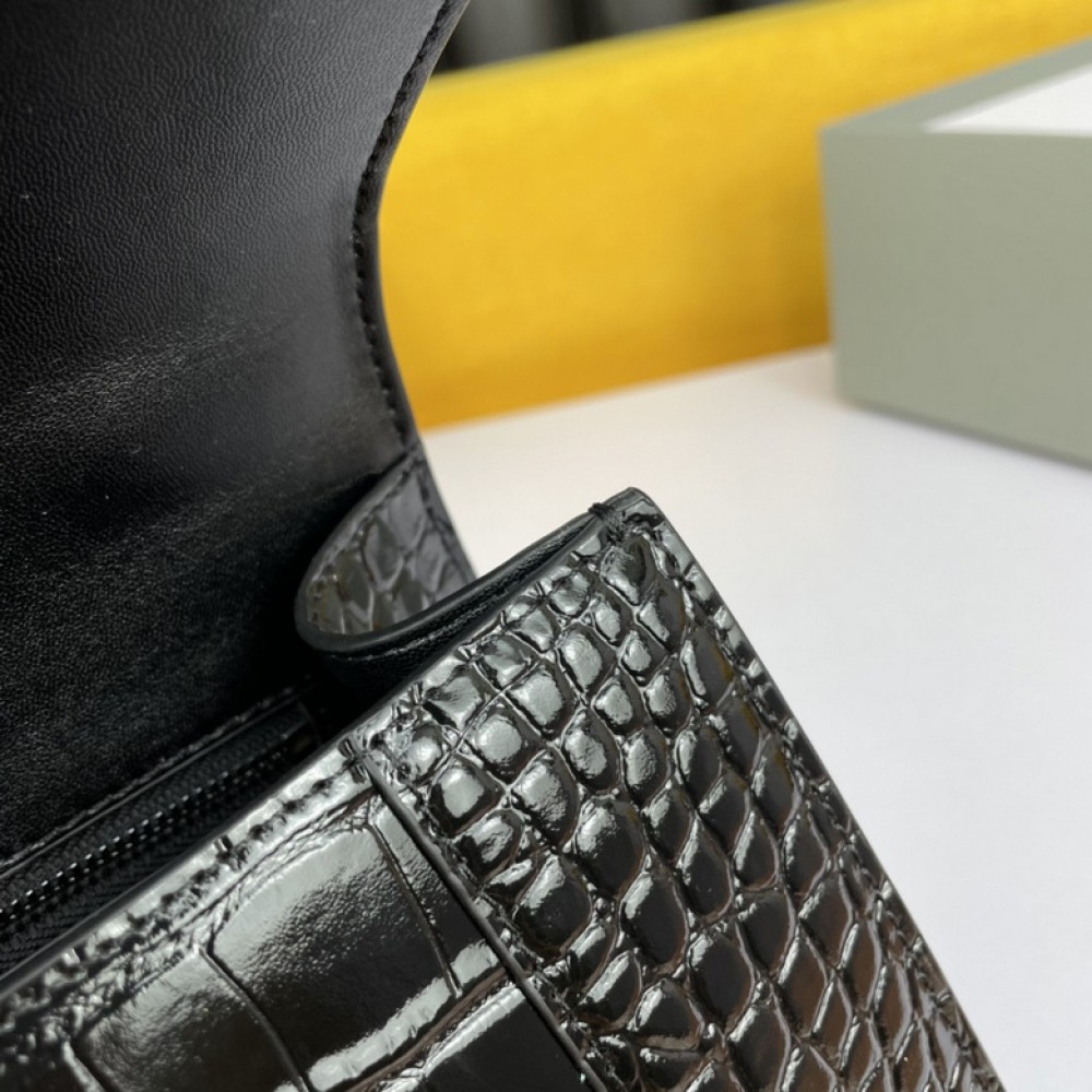 BALENCIAGA HOURGLASS 23CM CROC EFFECT BLACK Bags
