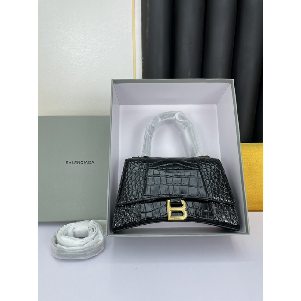 BALENCIAGA HOURGLASS 23CM CROC EFFECT BLACK Bags