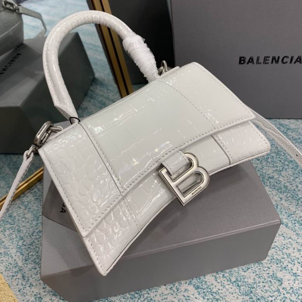 BALENCIAGA HOURGLASS 19CM CROC EFFECT WHITE Bags