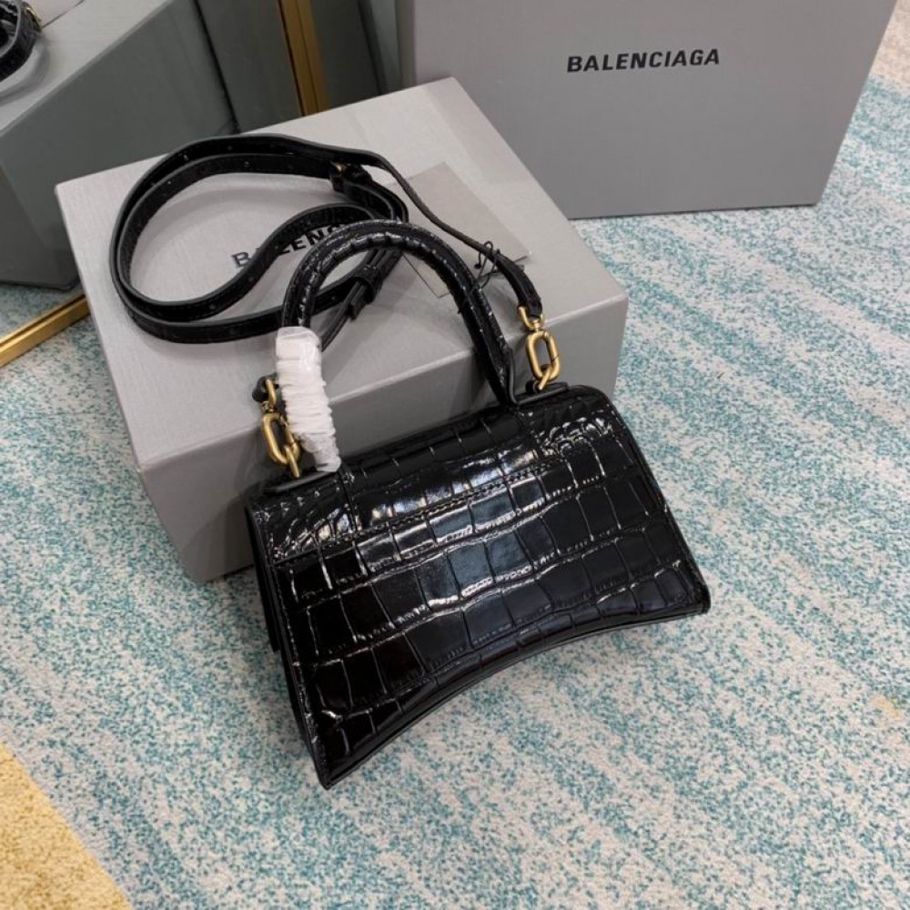 BALENCIAGA HOURGLASS 19CM CROC EFFECT BLACK Bags