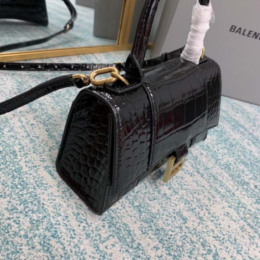 BALENCIAGA HOURGLASS 19CM CROC EFFECT BLACK Bags
