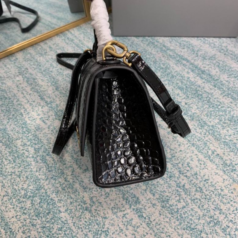 BALENCIAGA HOURGLASS 19CM CROC EFFECT BLACK Bags