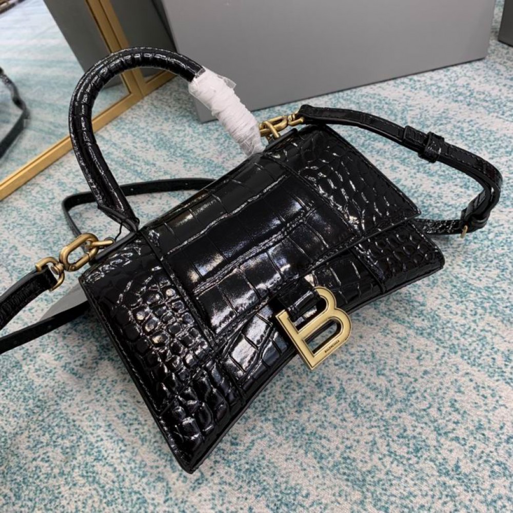 BALENCIAGA HOURGLASS 19CM CROC EFFECT BLACK Bags
