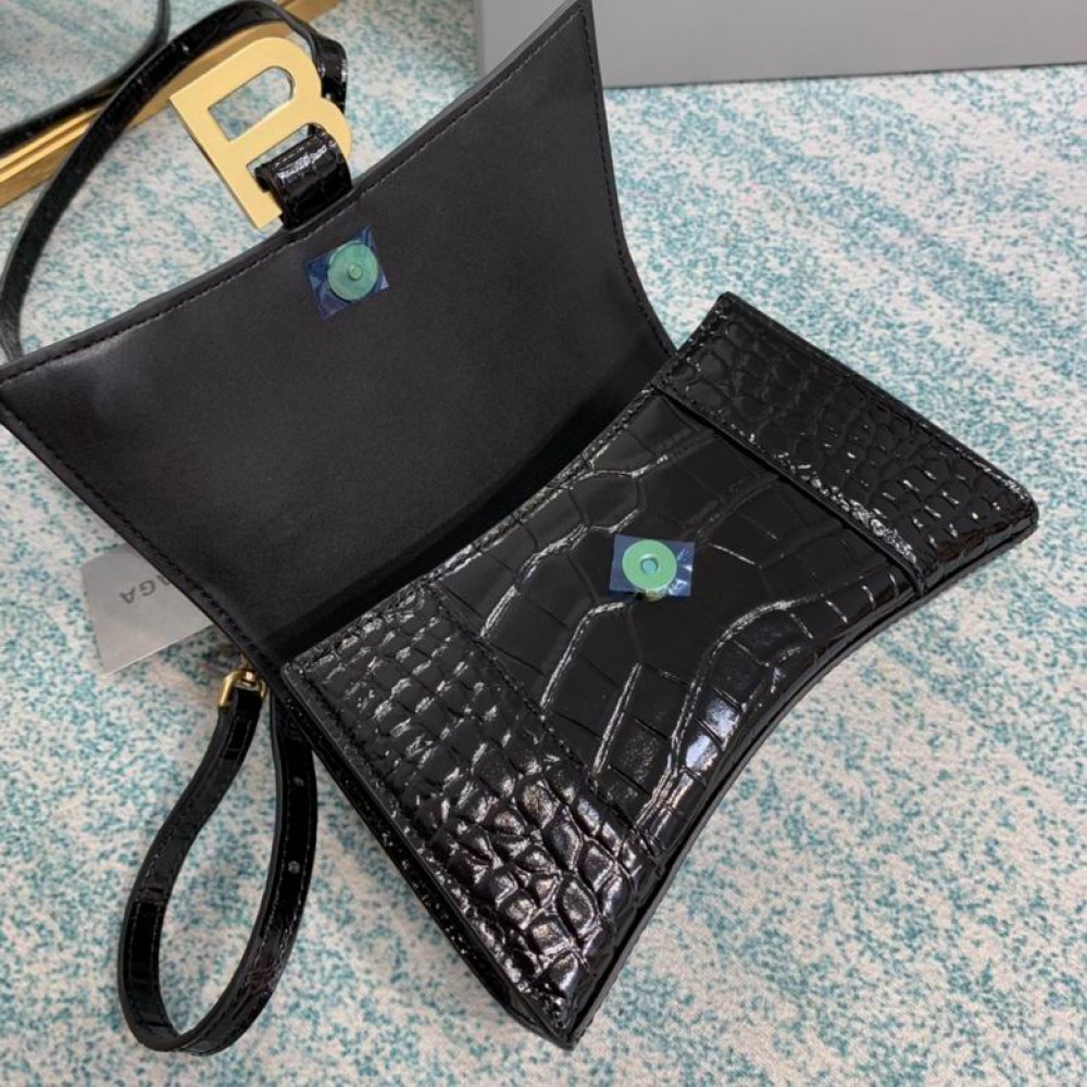 BALENCIAGA HOURGLASS 19CM CROC EFFECT BLACK Bags
