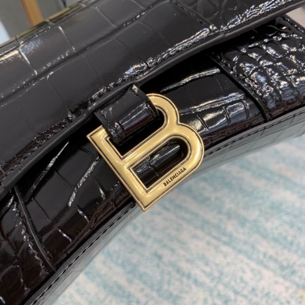 BALENCIAGA HOURGLASS 19CM CROC EFFECT BLACK Bags