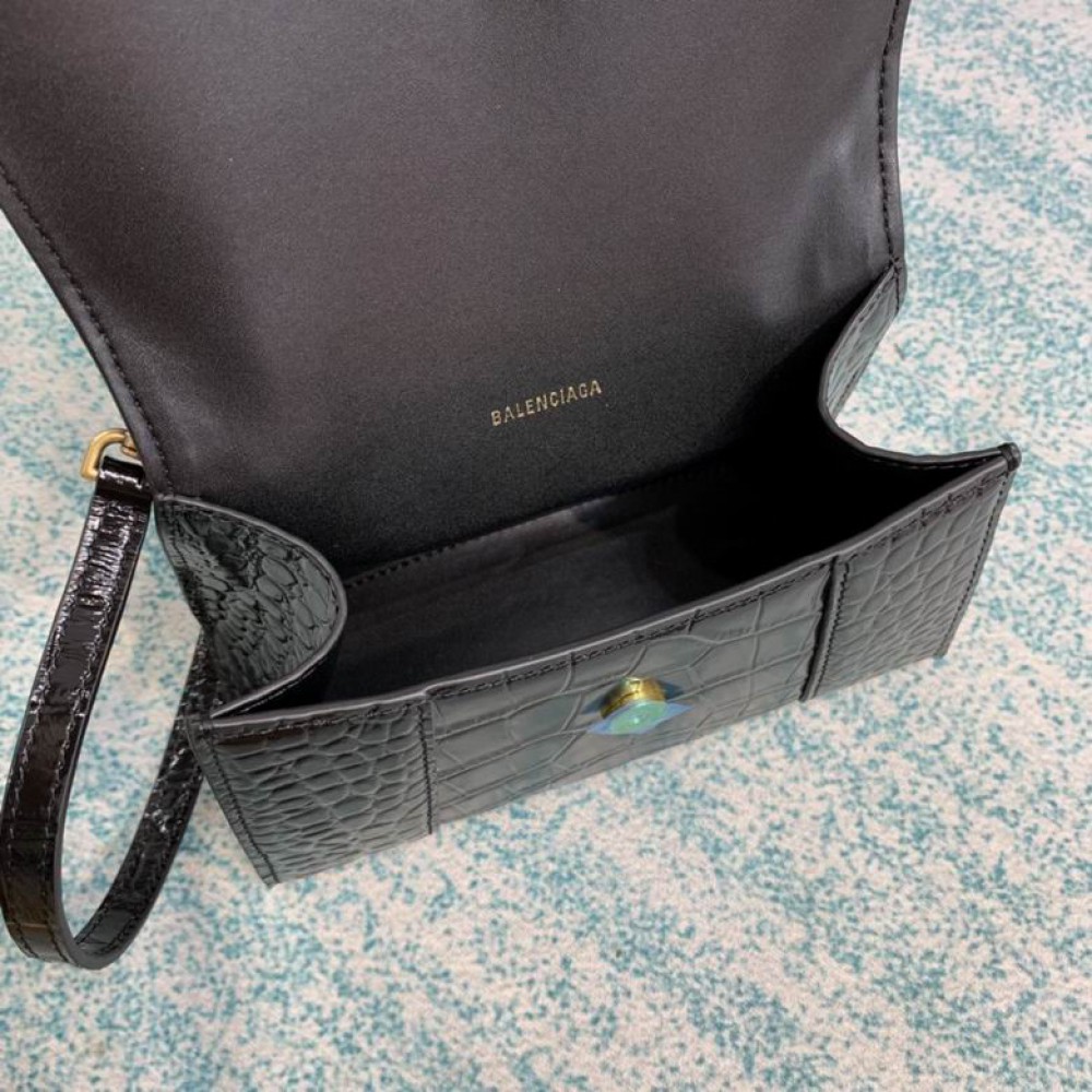 BALENCIAGA HOURGLASS 19CM CROC EFFECT BLACK Bags