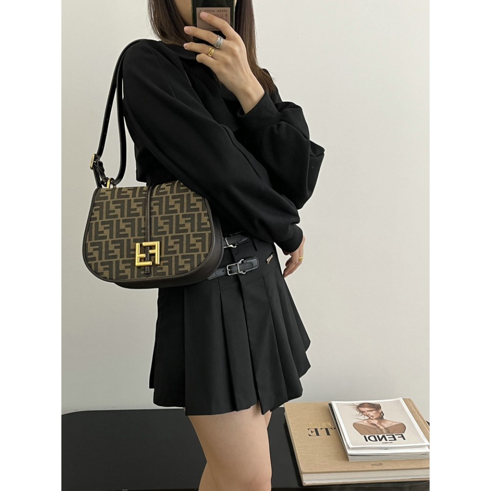 Fendi C'mon Brown FF jacquard fabric bag 25x7x20 cm medium Bags