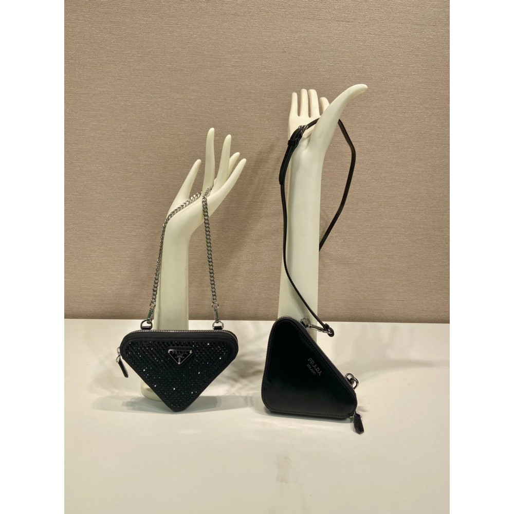 Prada Crystal Triangular Embellished Satin And Leather Mini-pouch 15x10x5cm Bags