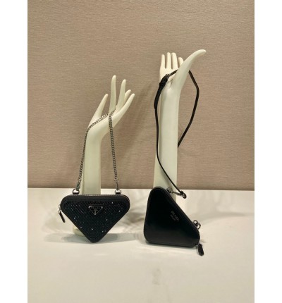 Prada Crystal Triangular Embellished Satin And Leather Mini-pouch 15x10x5cm
