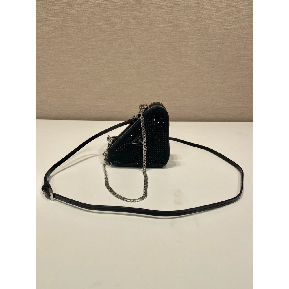 Prada Crystal Triangular Embellished Satin And Leather Mini-pouch 15x10x5cm Bags
