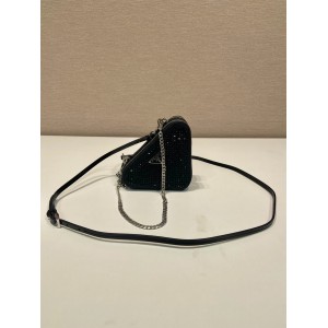 Prada Crystal Triangular Embellished Satin And Leather Mini-pouch 15x10x5cm Bags