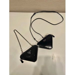 Prada Crystal Triangular Embellished Satin And Leather Mini-pouch 15x10x5cm Bags