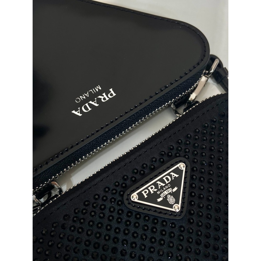 Prada Crystal Triangular Embellished Satin And Leather Mini-pouch 15x10x5cm Bags