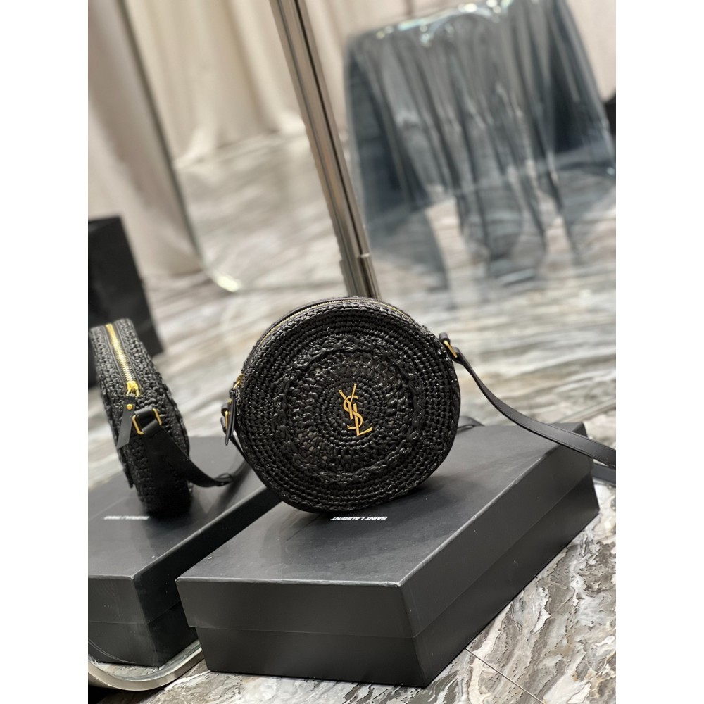 YSL 685601 Saint Laurent Sac Round Raffia Bag 21×21×4cm black Bags