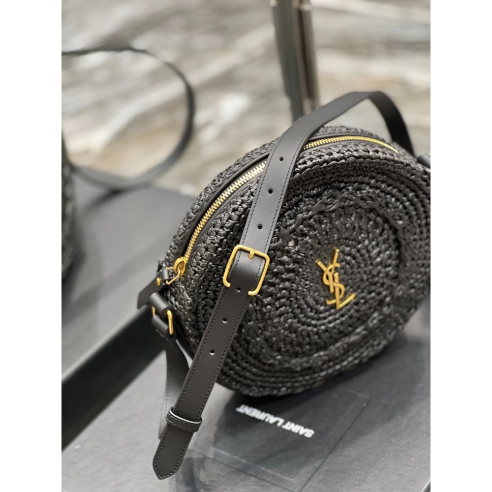 YSL 685601 Saint Laurent Sac Round Raffia Bag 21×21×4cm black Bags
