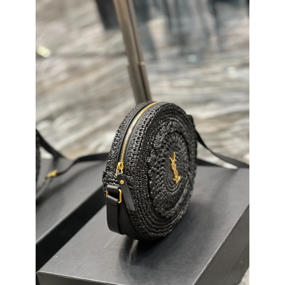 YSL 685601 Saint Laurent Sac Round Raffia Bag 21×21×4cm black Bags