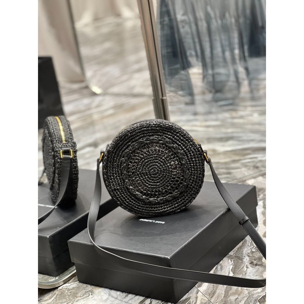 YSL 685601 Saint Laurent Sac Round Raffia Bag 21×21×4cm black Bags