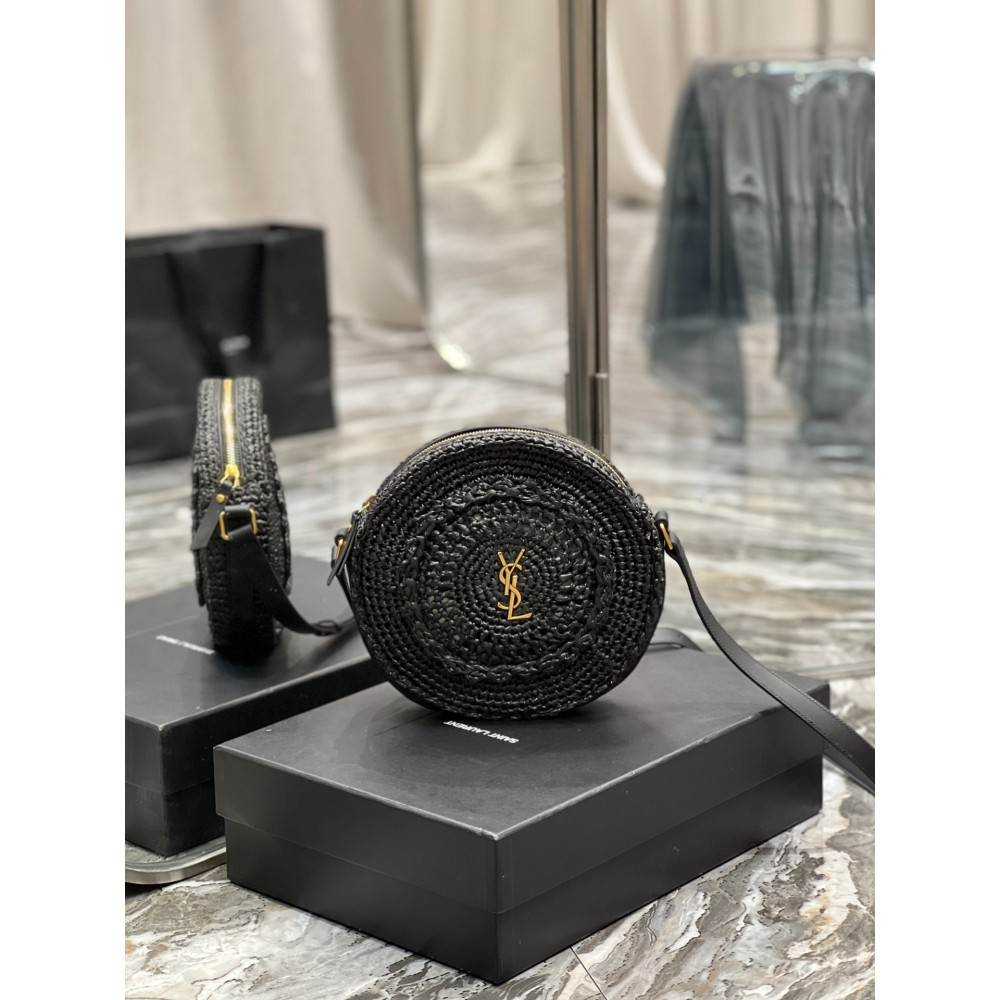 YSL 685601 Saint Laurent Sac Round Raffia Bag 21×21×4cm black Bags