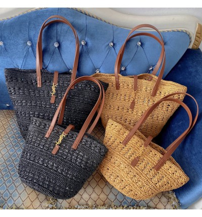 Ysl PANIER BAG IN CROCHET RAFFIA AND SMOOTH LEATHER