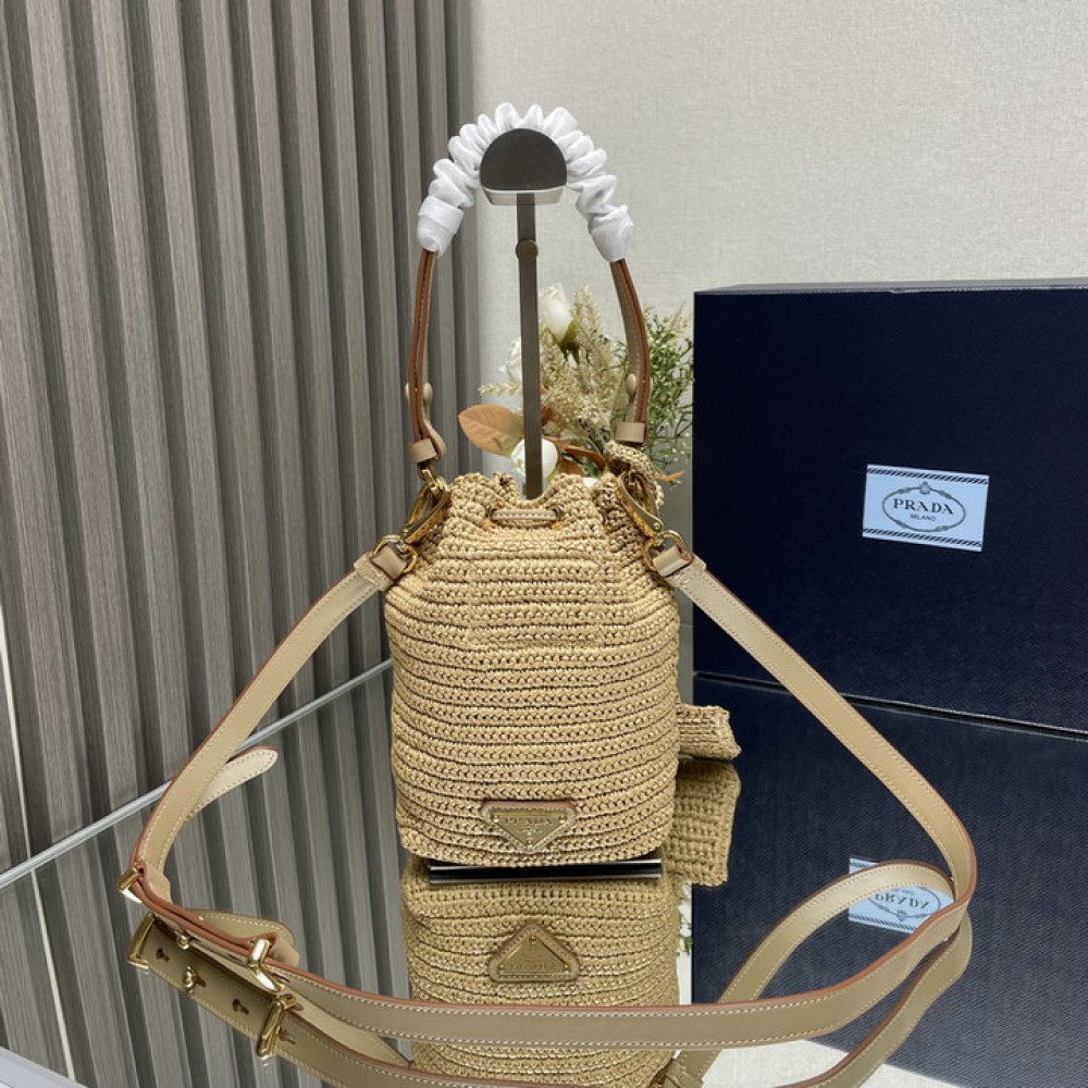 Prada Crochet and leather mini-bucket bag 1BE068 19.5x15.5x10cm 