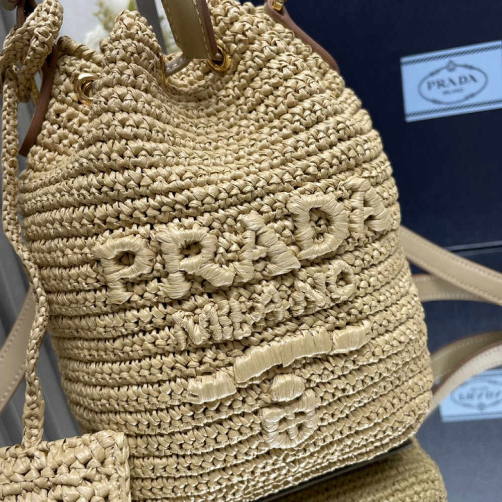 Prada Crochet and leather mini-bucket bag 1BE068 19.5x15.5x10cm 