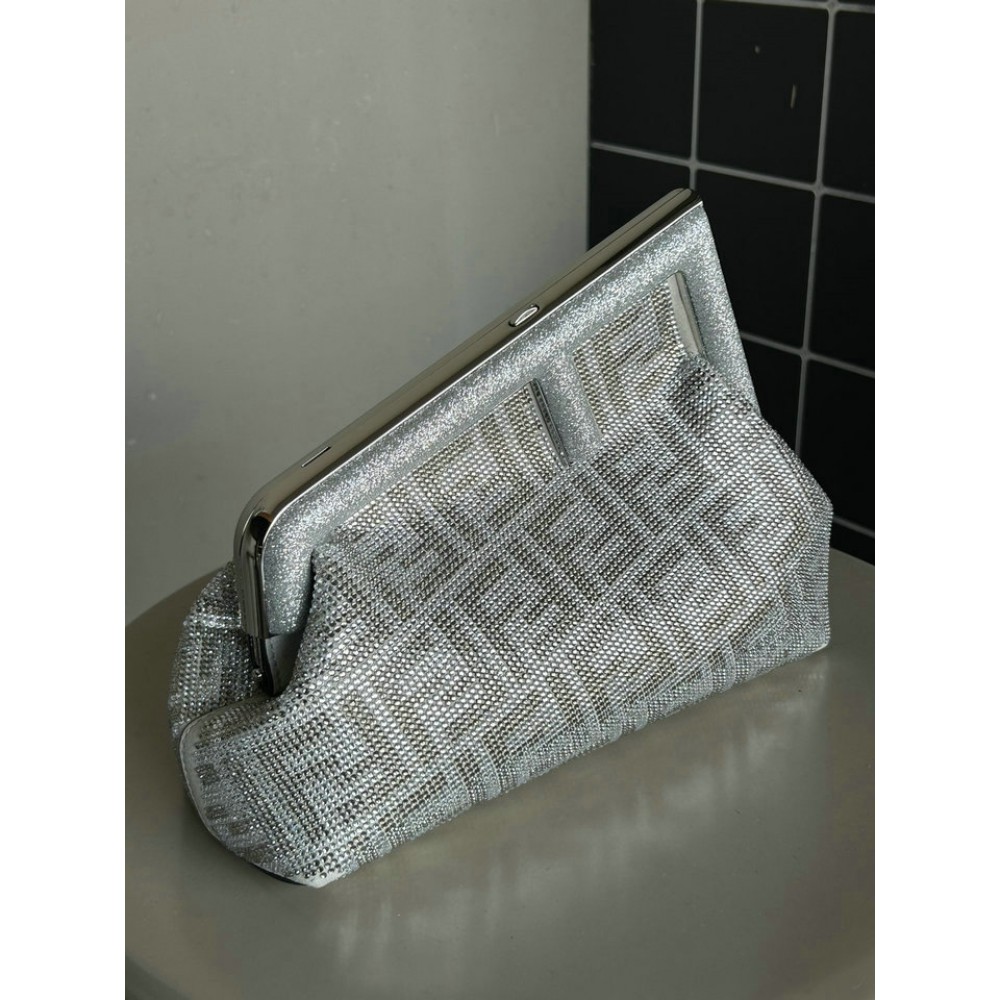 Fendi First Small Silver leather bag with crystal FF motif 26x9.5x18cm Bags