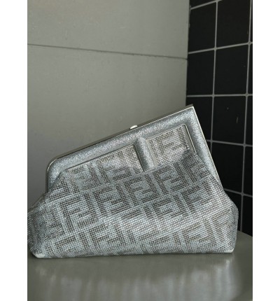 Fendi First Small Silver leather bag with crystal FF motif 26x9.5x18cm