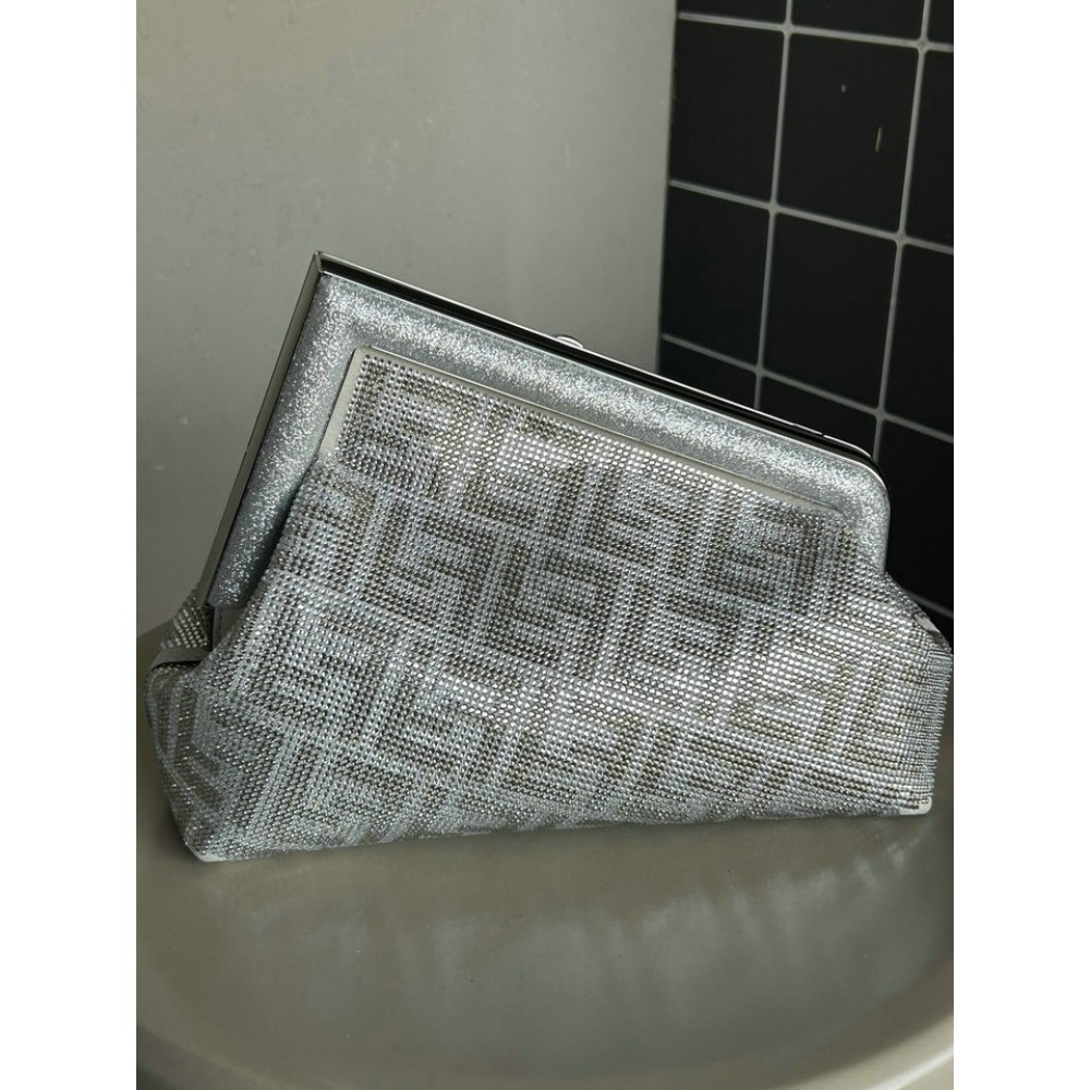Fendi First Small Silver leather bag with crystal FF motif 26x9.5x18cm Bags