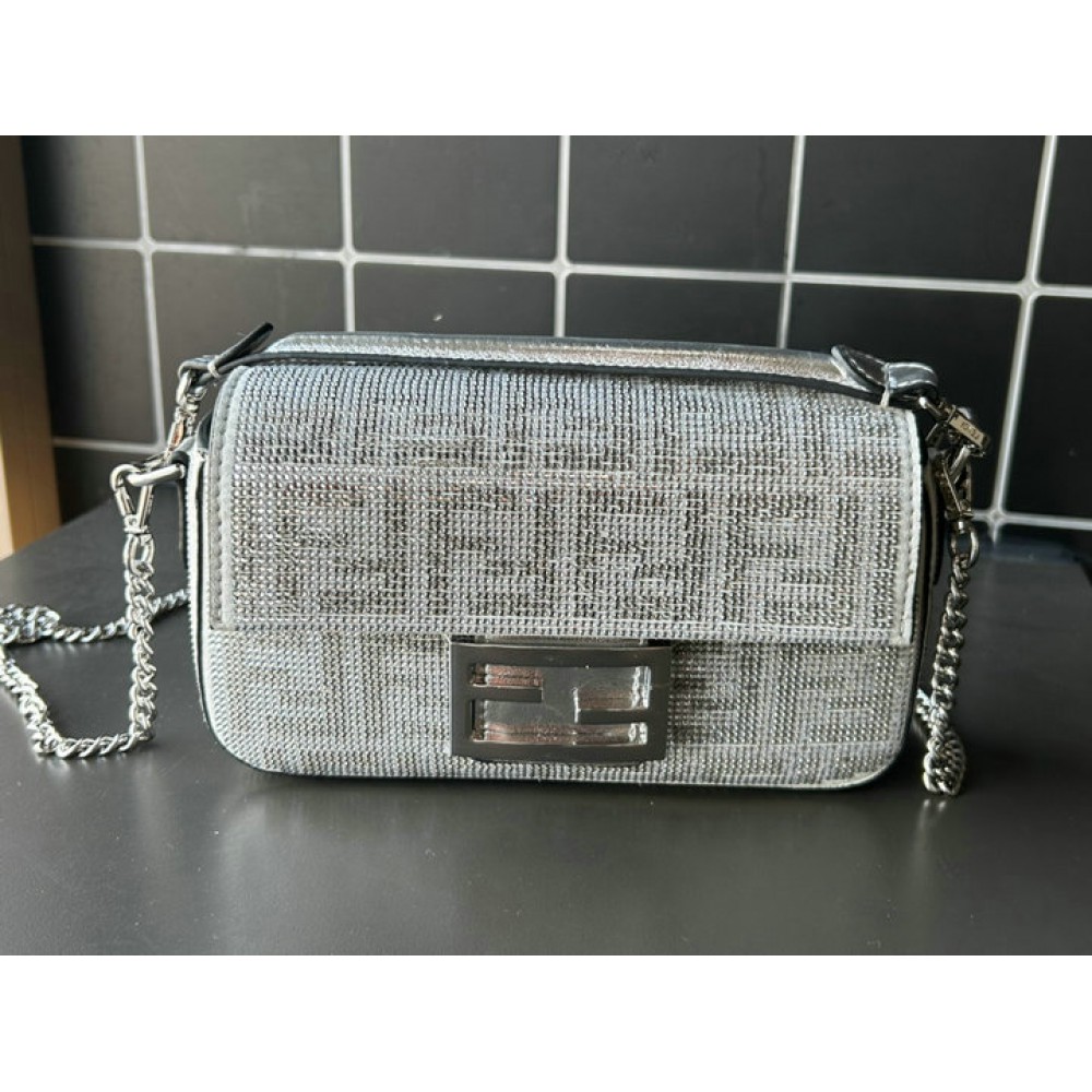 Fendi Baguette Silver leather bag with crystal FF motif Bags