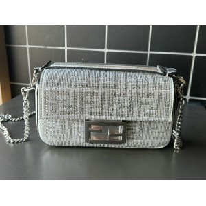 Fendi Baguette Silver leather bag with crystal FF motif Bags
