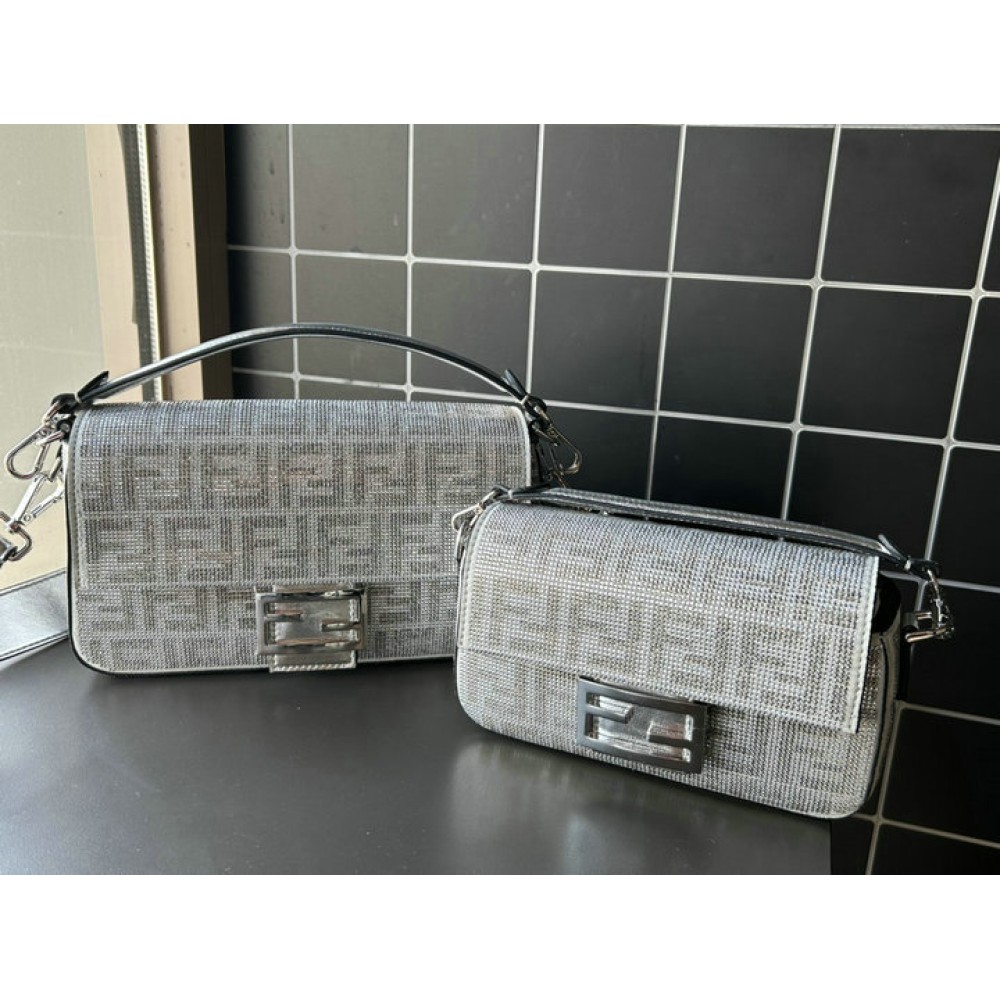 Fendi Baguette Silver leather bag with crystal FF motif Bags