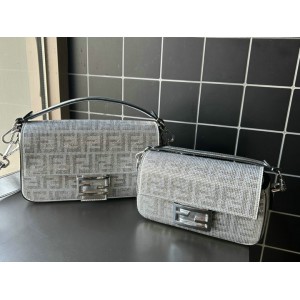 Fendi Baguette Silver leather bag with crystal FF motif Bags