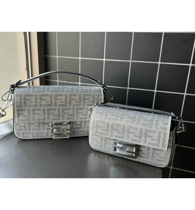 Fendi Baguette Silver leather bag with crystal FF motif