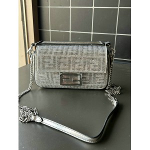 Fendi Baguette Silver leather bag with crystal FF motif Bags
