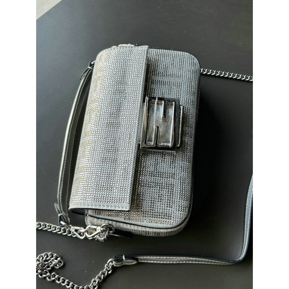 Fendi Baguette Silver leather bag with crystal FF motif Bags