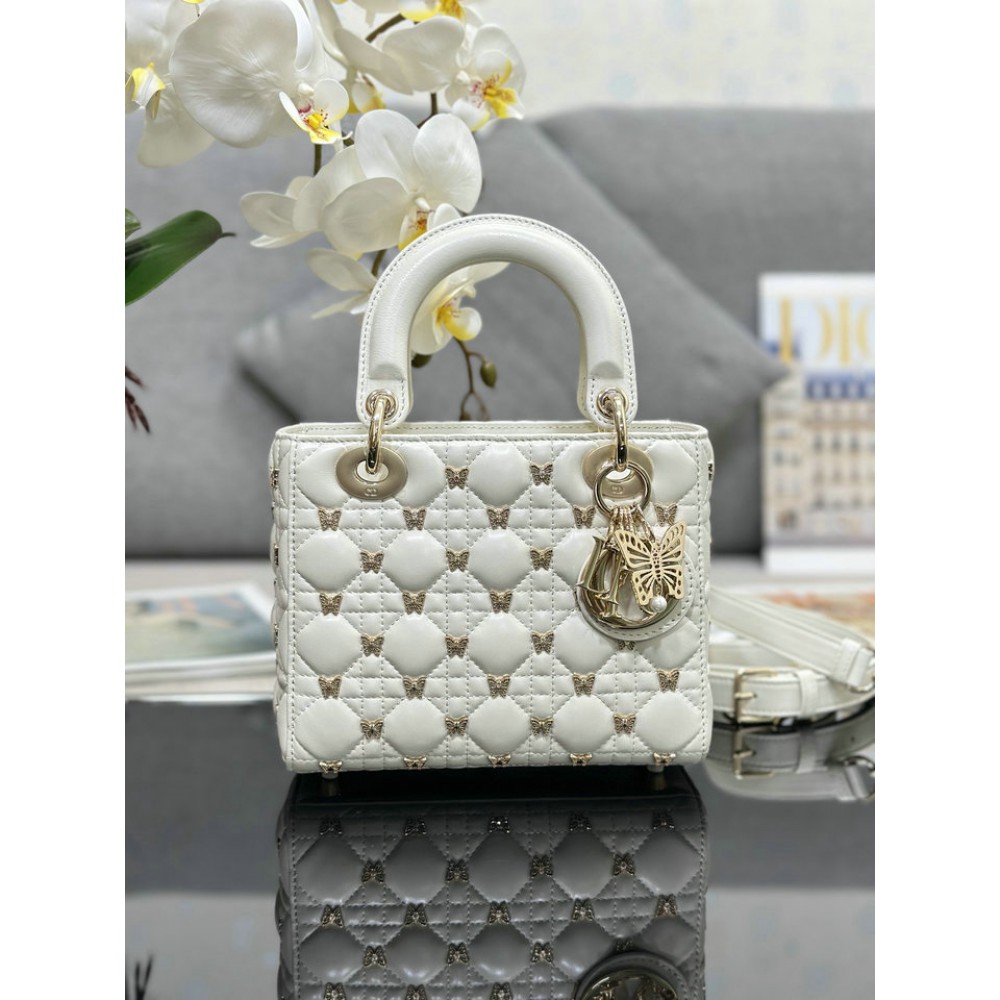 Dior small Lady Dior Bag white Cannage Lambskin with Gold-Finish Butterfly Studs 20cm Bags