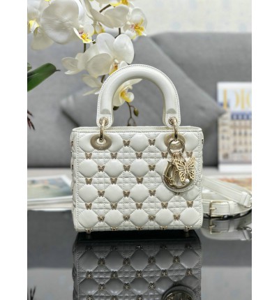 Dior small Lady Dior Bag white Cannage Lambskin with Gold-Finish Butterfly Studs 20cm