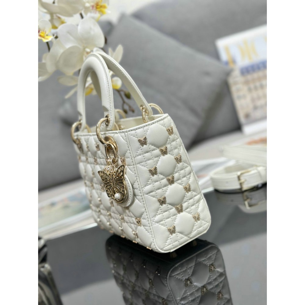 Dior small Lady Dior Bag white Cannage Lambskin with Gold-Finish Butterfly Studs 20cm Bags