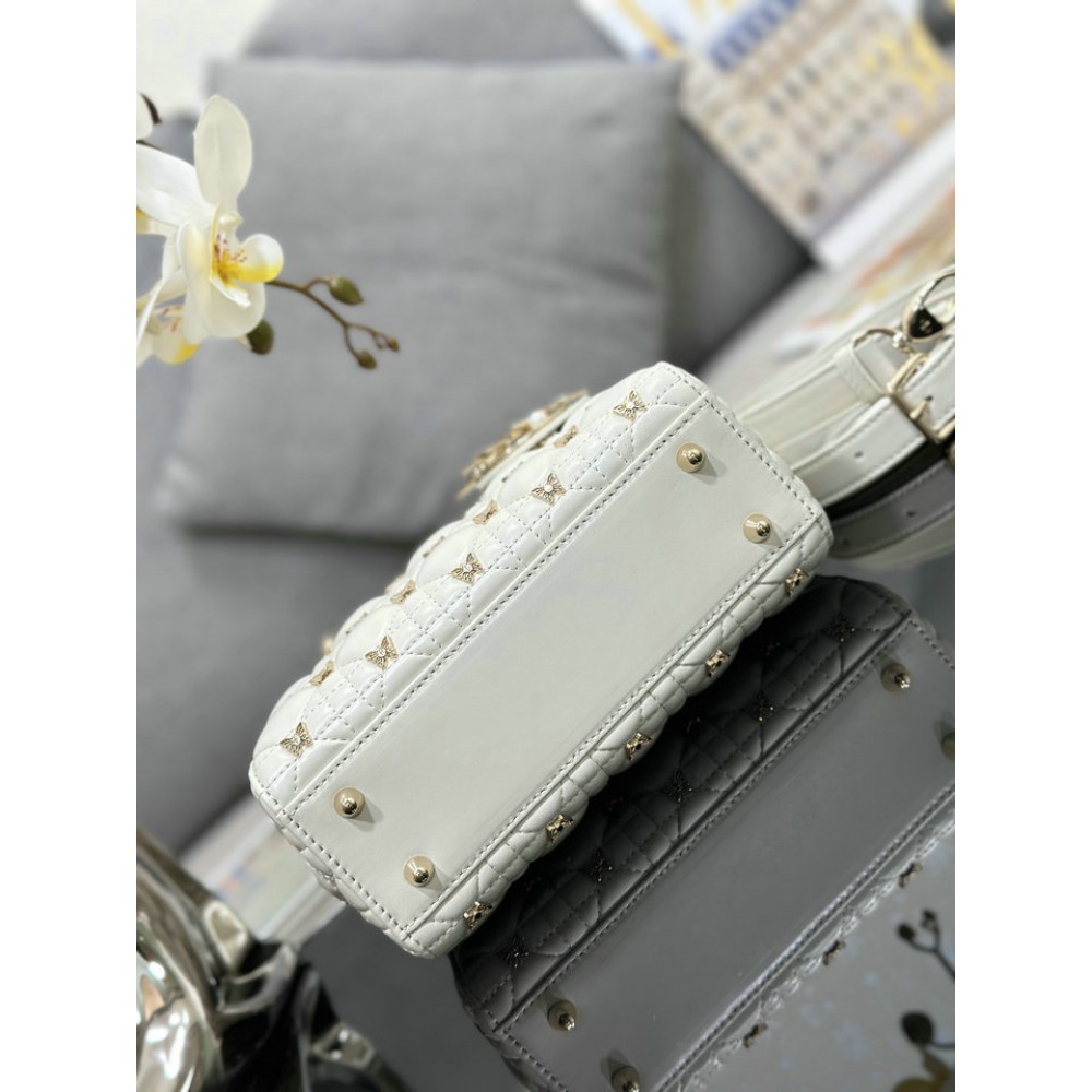 Dior small Lady Dior Bag white Cannage Lambskin with Gold-Finish Butterfly Studs 20cm Bags