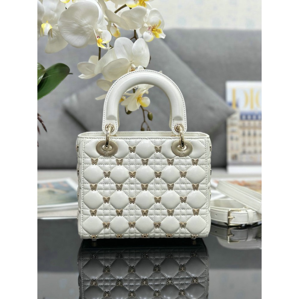 Dior small Lady Dior Bag white Cannage Lambskin with Gold-Finish Butterfly Studs 20cm Bags