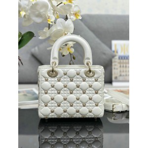 Dior small Lady Dior Bag white Cannage Lambskin with Gold-Finish Butterfly Studs 20cm Bags