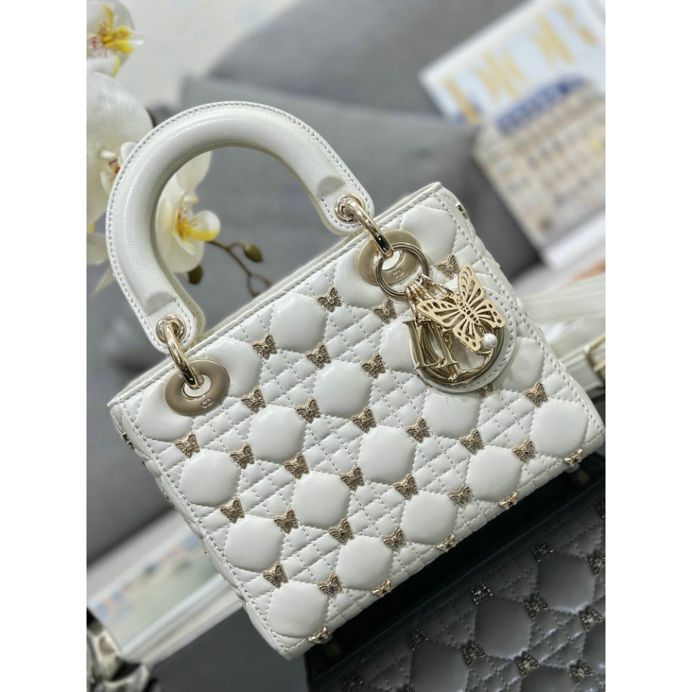 Dior small Lady Dior Bag white Cannage Lambskin with Gold-Finish Butterfly Studs 20cm Bags